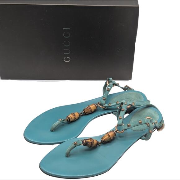 Gucci Turquoise Suede Bamboo Sandals Size 6.5 - Picture 1 of 4